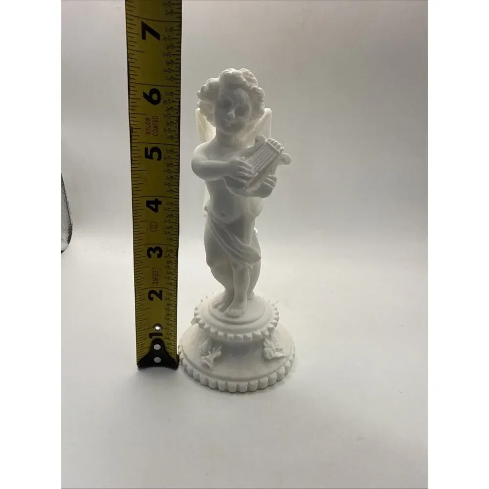 Vintage White Bisque Porcelain Cherub Angel Playing Lyre Harp Figurine *